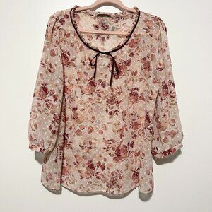 LC Lauren Conrad Womens Ruffle Clip Dot Blouse XL Pink Soft Girl Romantic Sheer